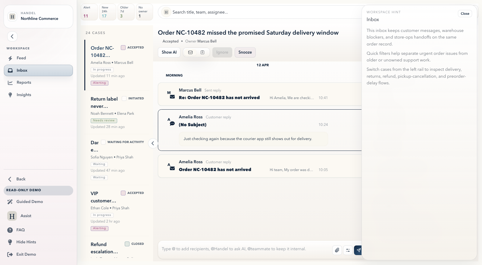 Handel inbox view showing a shared queue, case detail, messages and next actions.